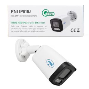 Video monitorovací kamera PNI IP515J POE, odrážka 5MP, 2,8mm, pro venkovní použití, obousměrný zvuk, bílá Popis obrázku