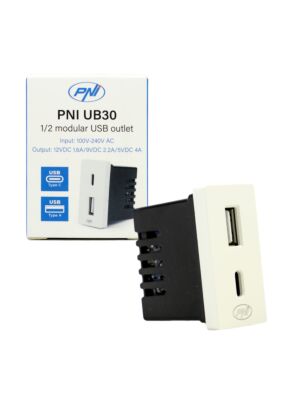 Napájecí zásuvka 2 x USB PNI UB30, USB-A USB-C, 12V/9V/5V, max. 20W, modulární, typ F 1/2, montáž pod omítku